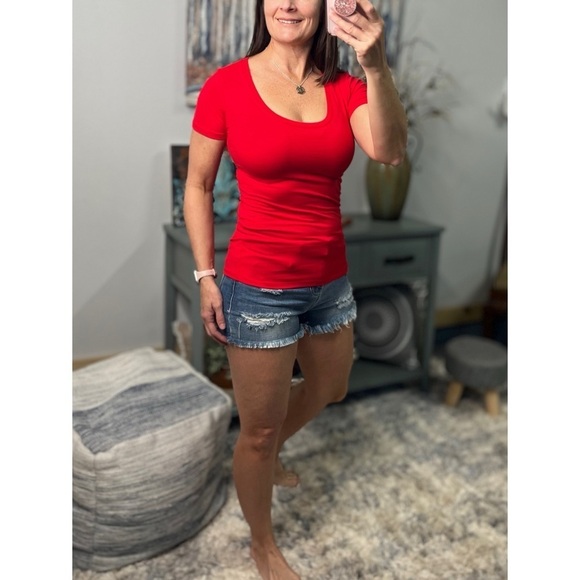 Scoop Neck Basic Boyfriend Short Sleeve Baby Tee Red 0423 - Picture 1 of 6